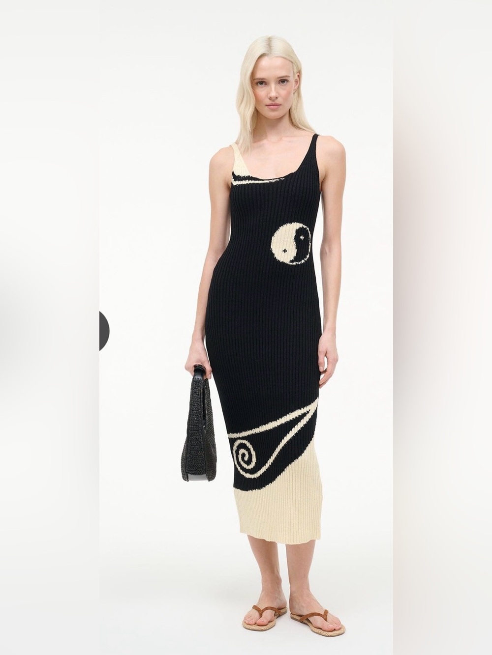 STAUD Leta Yin Yang Rib-knit Cotton Midi Dress Size L Women Black Cream O28